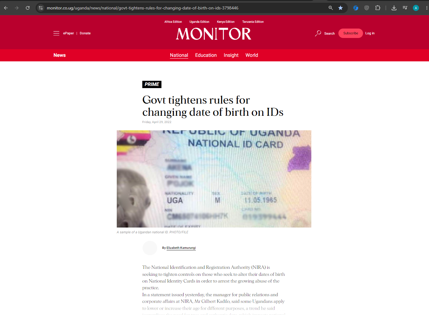 Daily Monitor, 29 April 2022: Govt tightens rules for changing date of birth on IDs